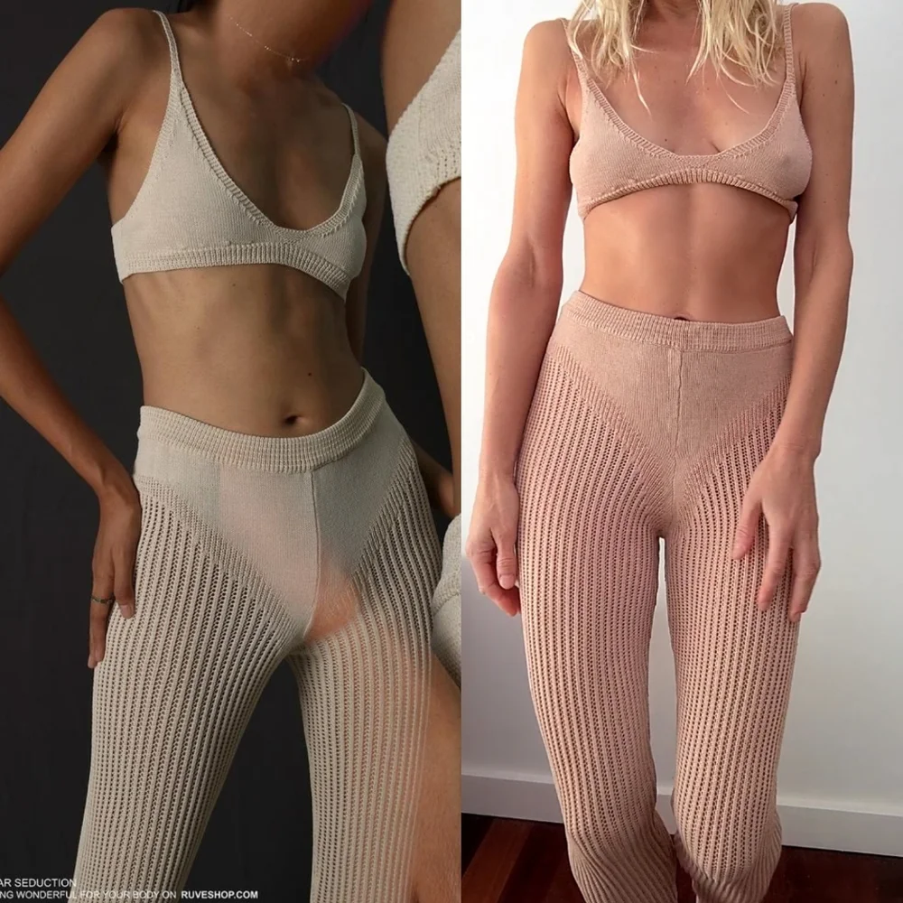 NWT Ruve Shop SET knit futuristic natural almond tan pant set XS - Picture 4 of 9